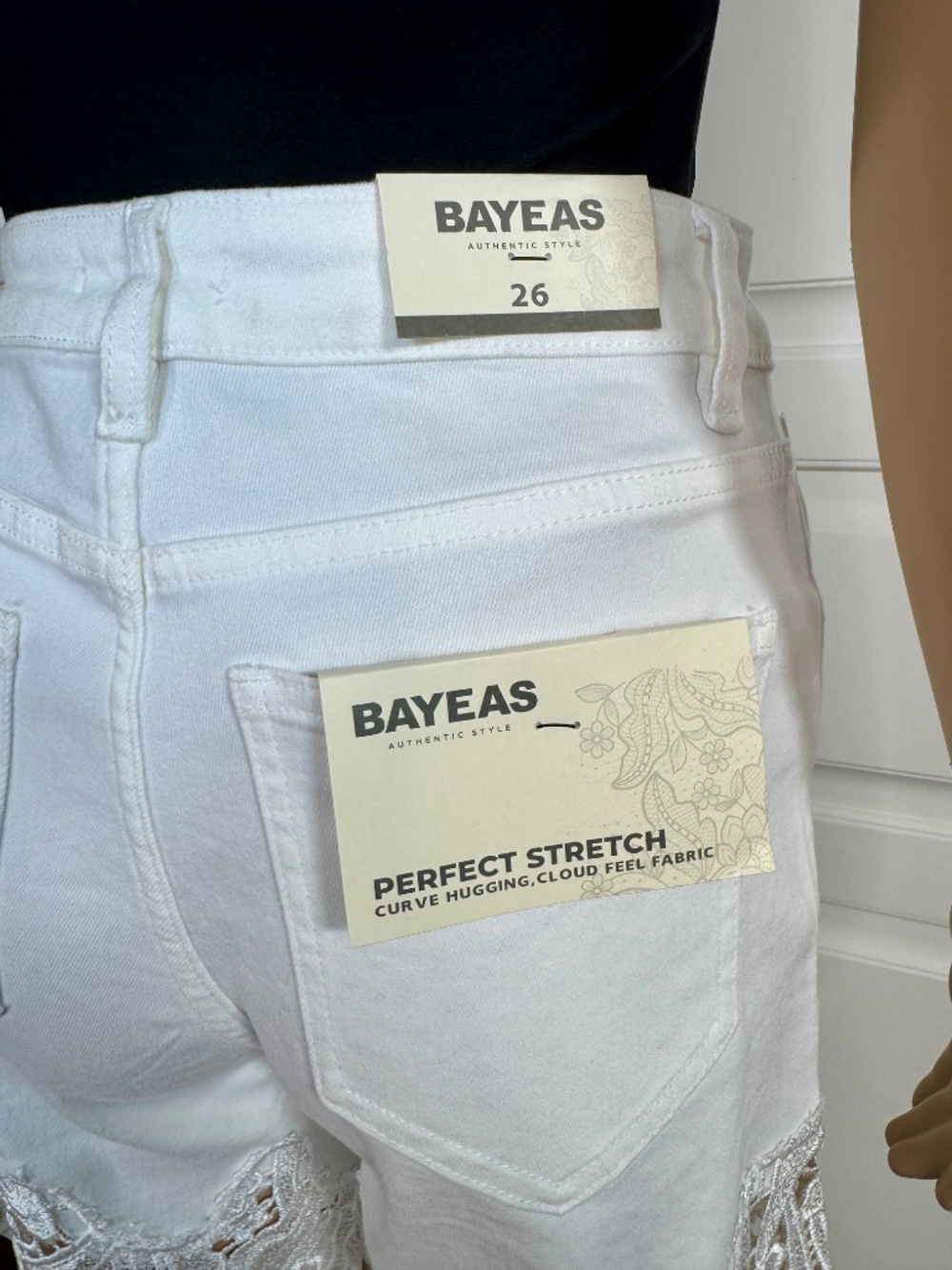 WHITE HIGH WAIST CRYSTAL EMBELLISHED CURVE HUGGING WIDE LEG LACE JEANS -NWT - Picture 9 of 17